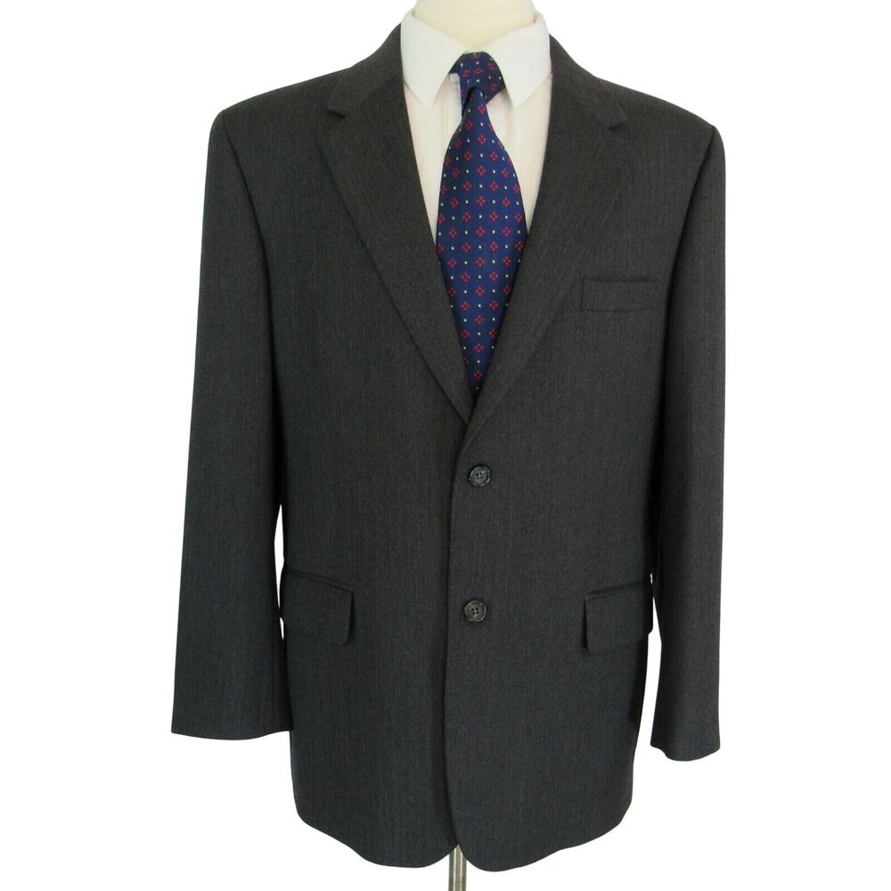 Men’s Suit Jacket Blazer 42R 2 Button Wool Gray Herringbone Savile Row